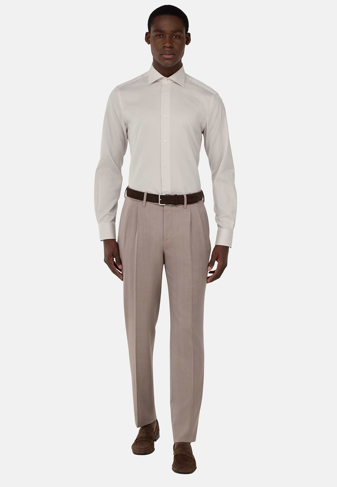Striped Cotton Shirt Slim Fit, Taupe, hi-res