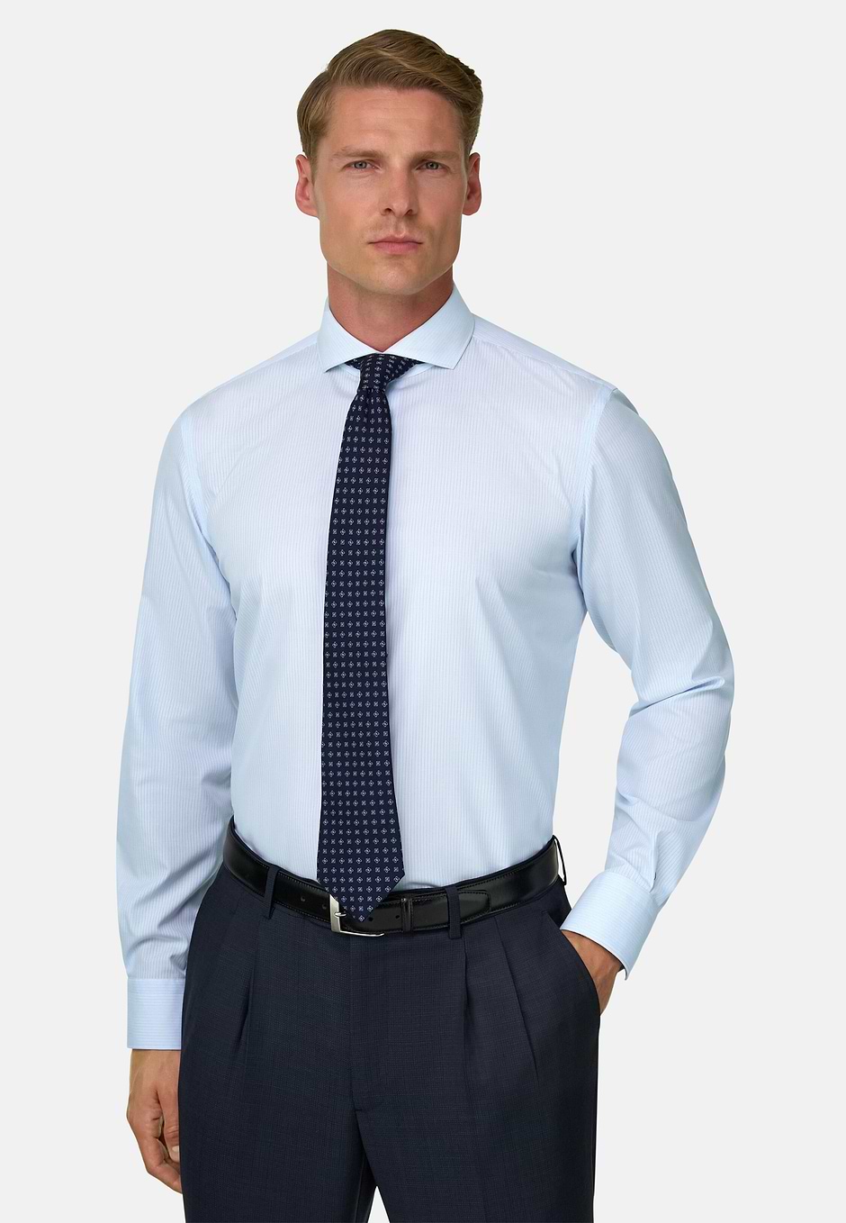 Camicia a Righe in Cotone Non-Iron Slim Fit, Azzurro, hi-res