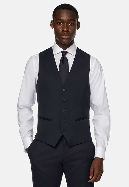 Navy Stretch Wool Twill Waistcoat, Navy blue, hi-res