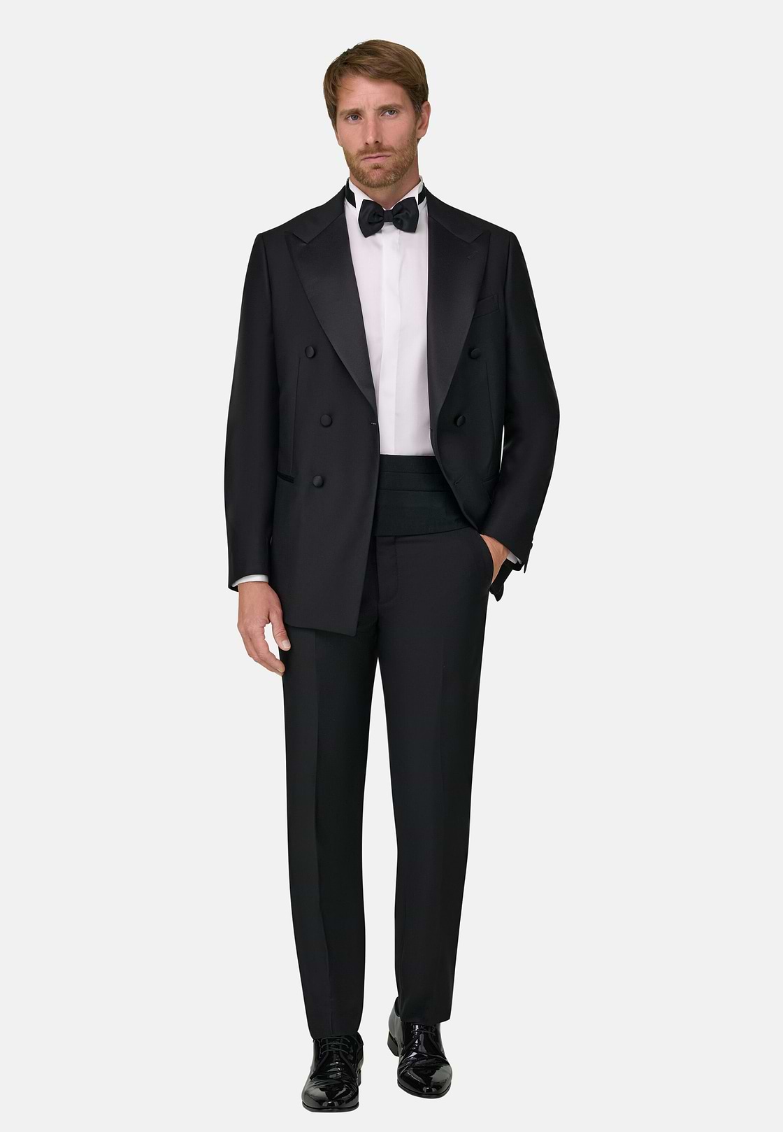 Stretch Wool Double-Breasted Dinner Jacket With Peak Lapels, Black, hi-res, 2