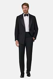Stretch Wool Double-Breasted Dinner Jacket With Peak Lapels, Black, thumb, 2