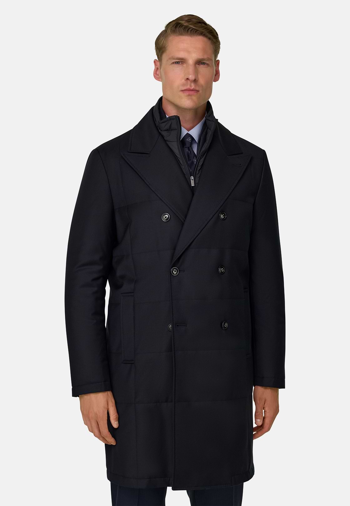 Double-Breasted Padded Coat with Removable Bib in Wool, Navy blue, hi-res, 1