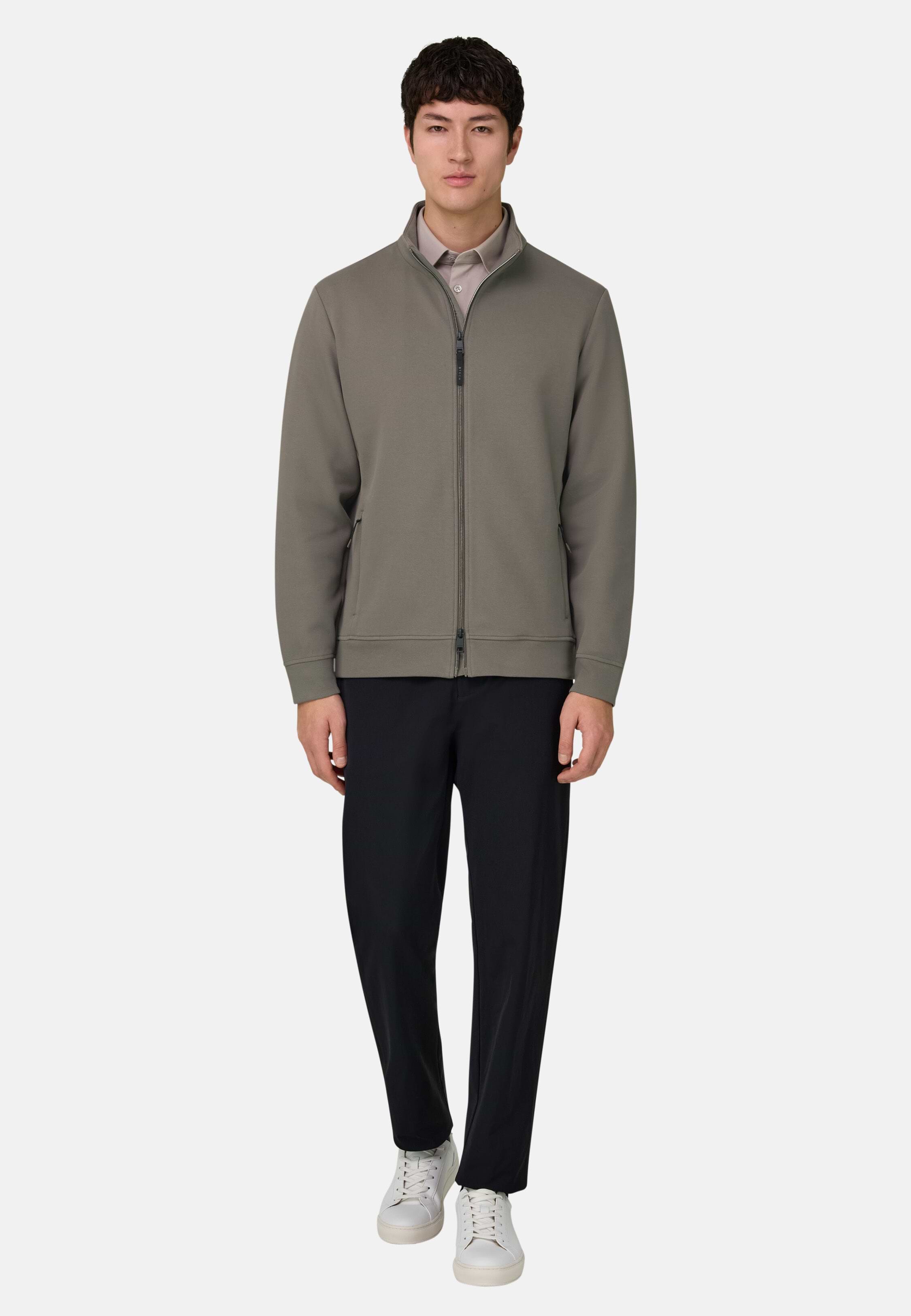 Men's Zipped Sweatshirt in Cotton Blend Scuba Piqué, Mud | Boggi
