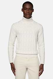 White Polo Neck Jumper in Merino Wool, White, hi-res