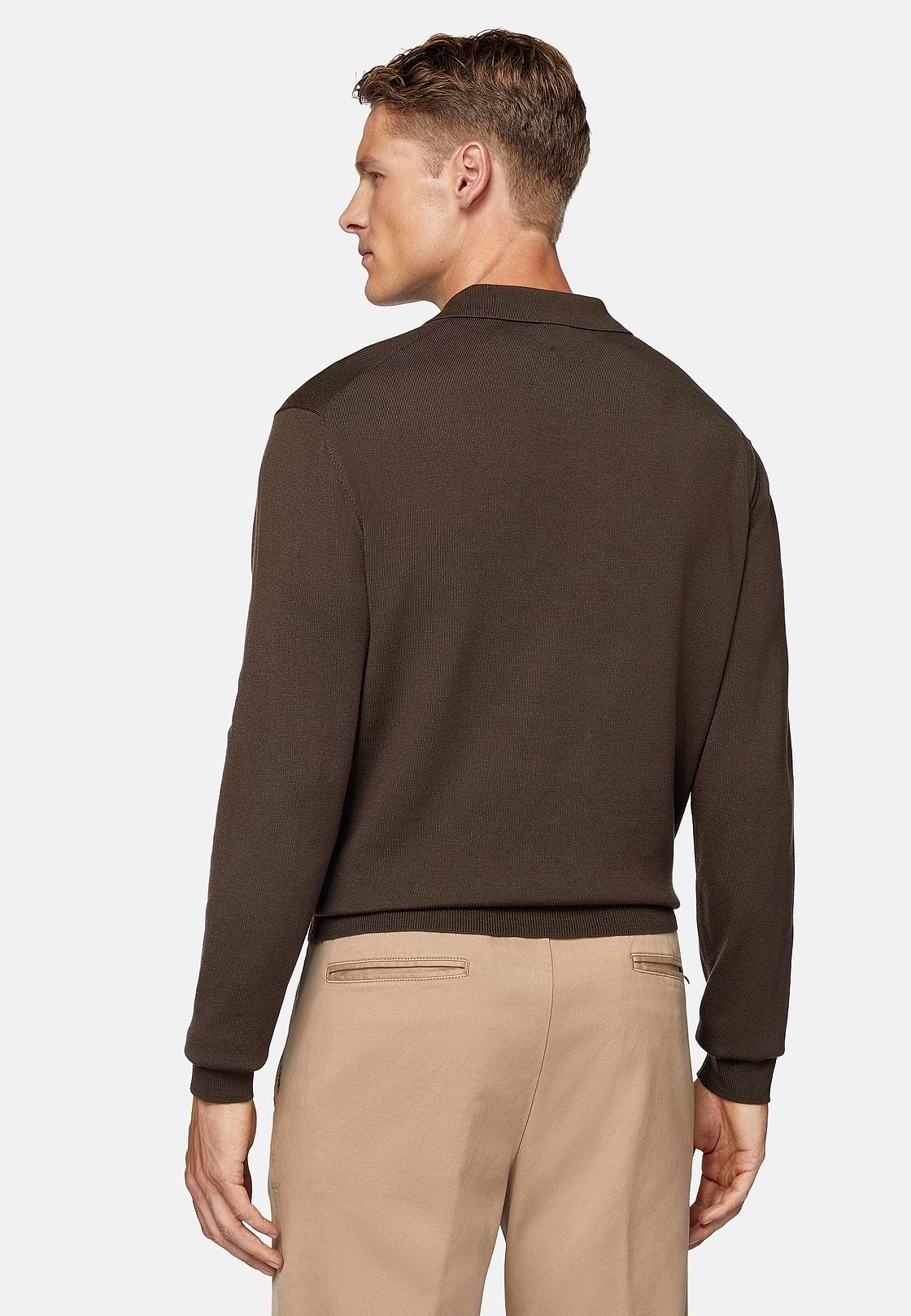 Brown Merino Wool Knitted Polo Shirt, Brown, hi-res