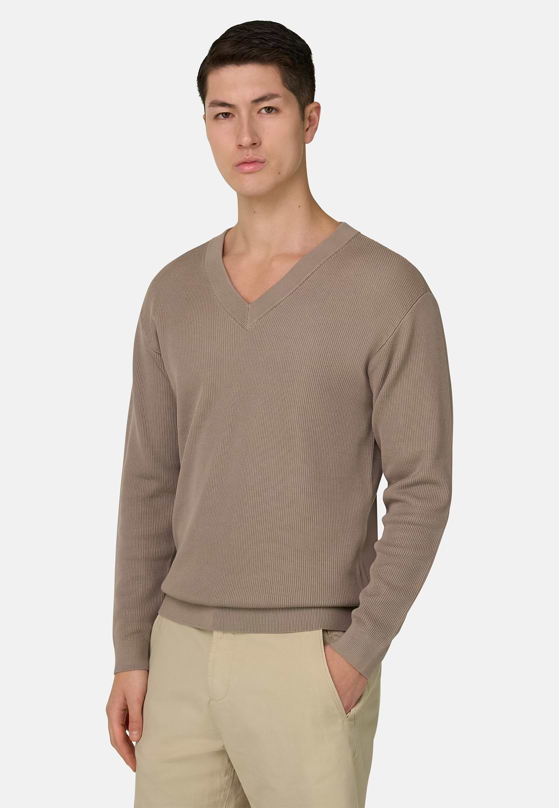 Pullover Mit V-Ausschnitt Aus Baumwolle und Seide, Taupe, hi-res, 2