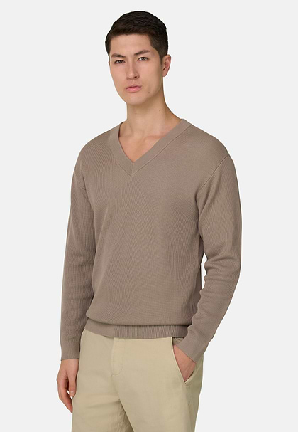 Maglia Scollo V In Cotone Seta, Taupe, hi-res