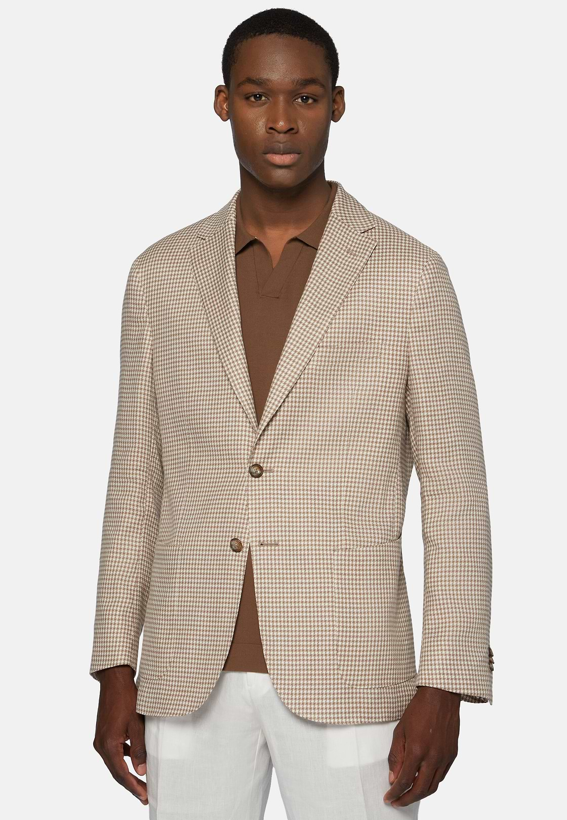 Dove Grey Houndstooth Jacket In Stretch Linen, Taupe, hi-res