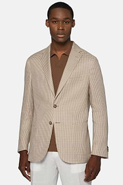 Dove Grey Houndstooth Jacket In Stretch Linen, Taupe, hi-res