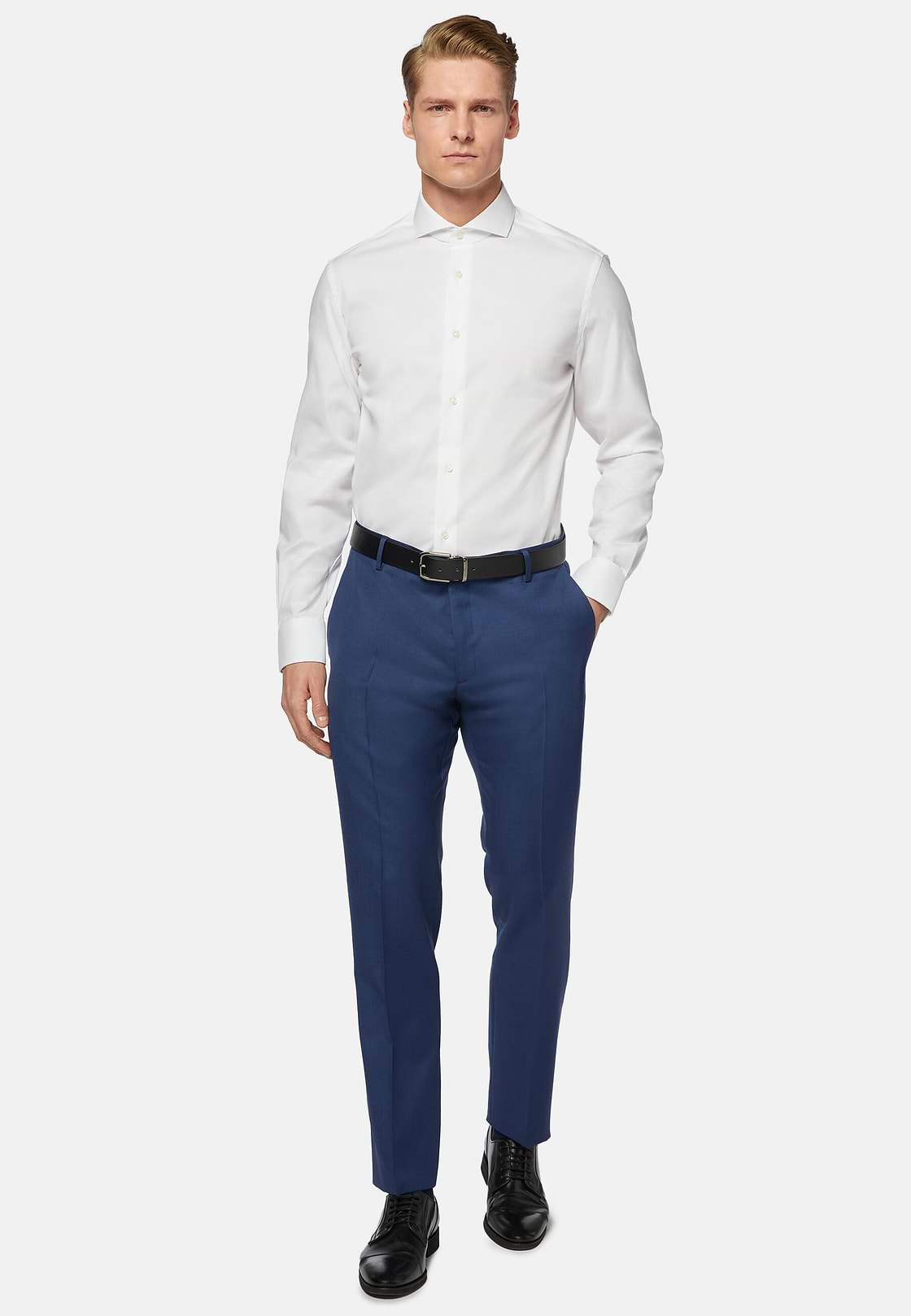 Pantalon Bleu En Laine Grain De Poudre, Bleu, hi-res