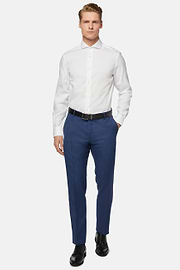 Pantalon Bleu En Laine Grain De Poudre, Bleu, hi-res