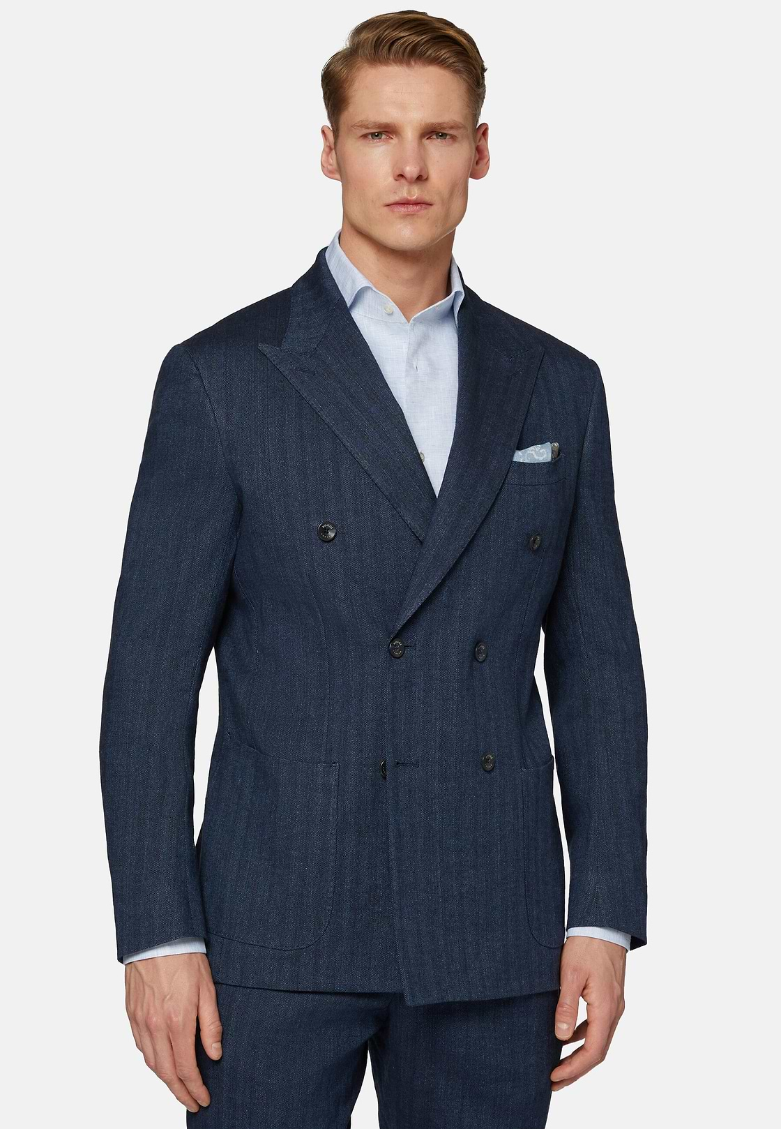 Navy Double-Breasted Suit In Cotton Linen, Navy blue, hi-res