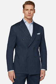 Navy Double-Breasted Suit In Cotton Linen, Navy blue, hi-res