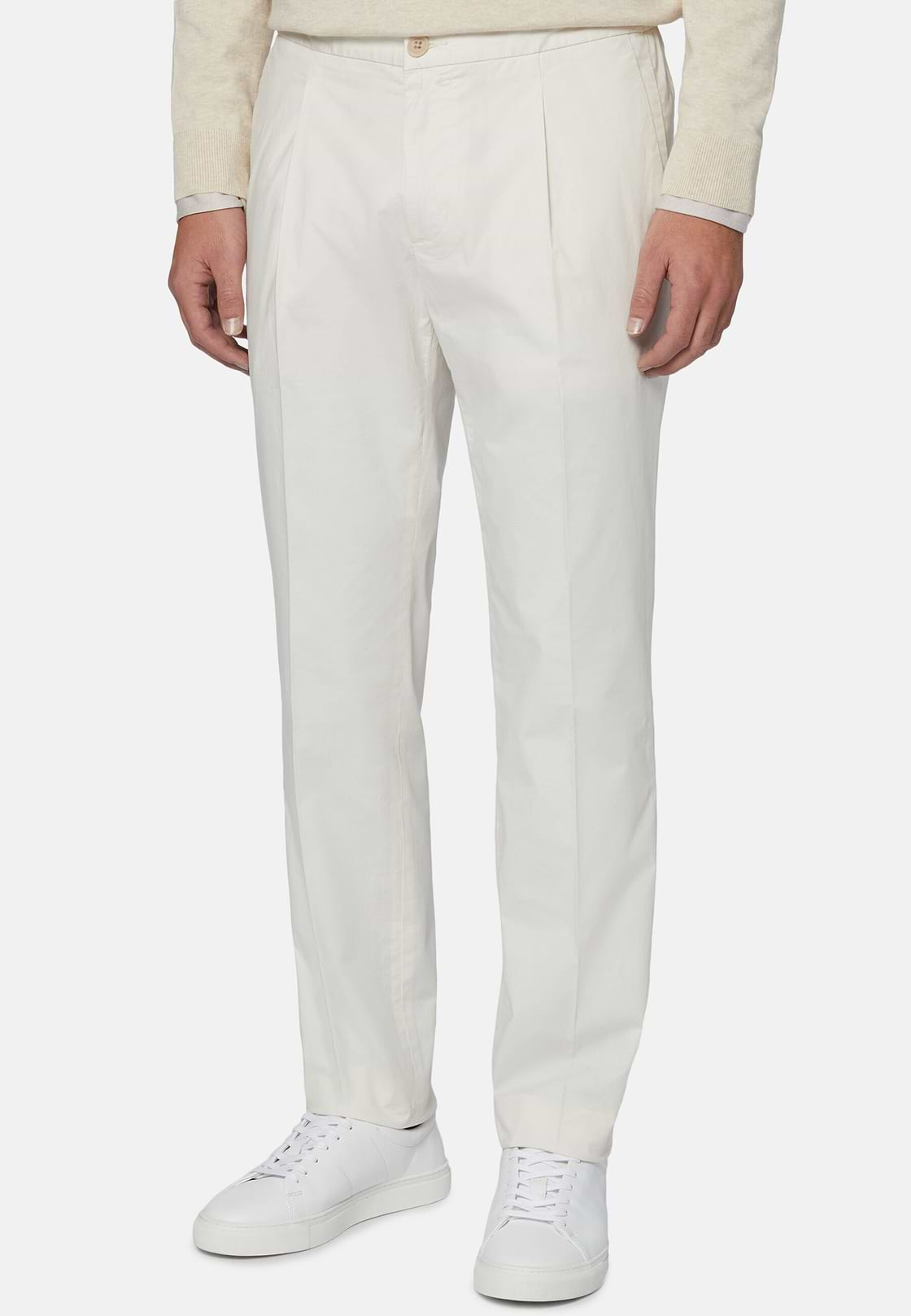 Stretch Cotton Pinces Pants, White, hi-res