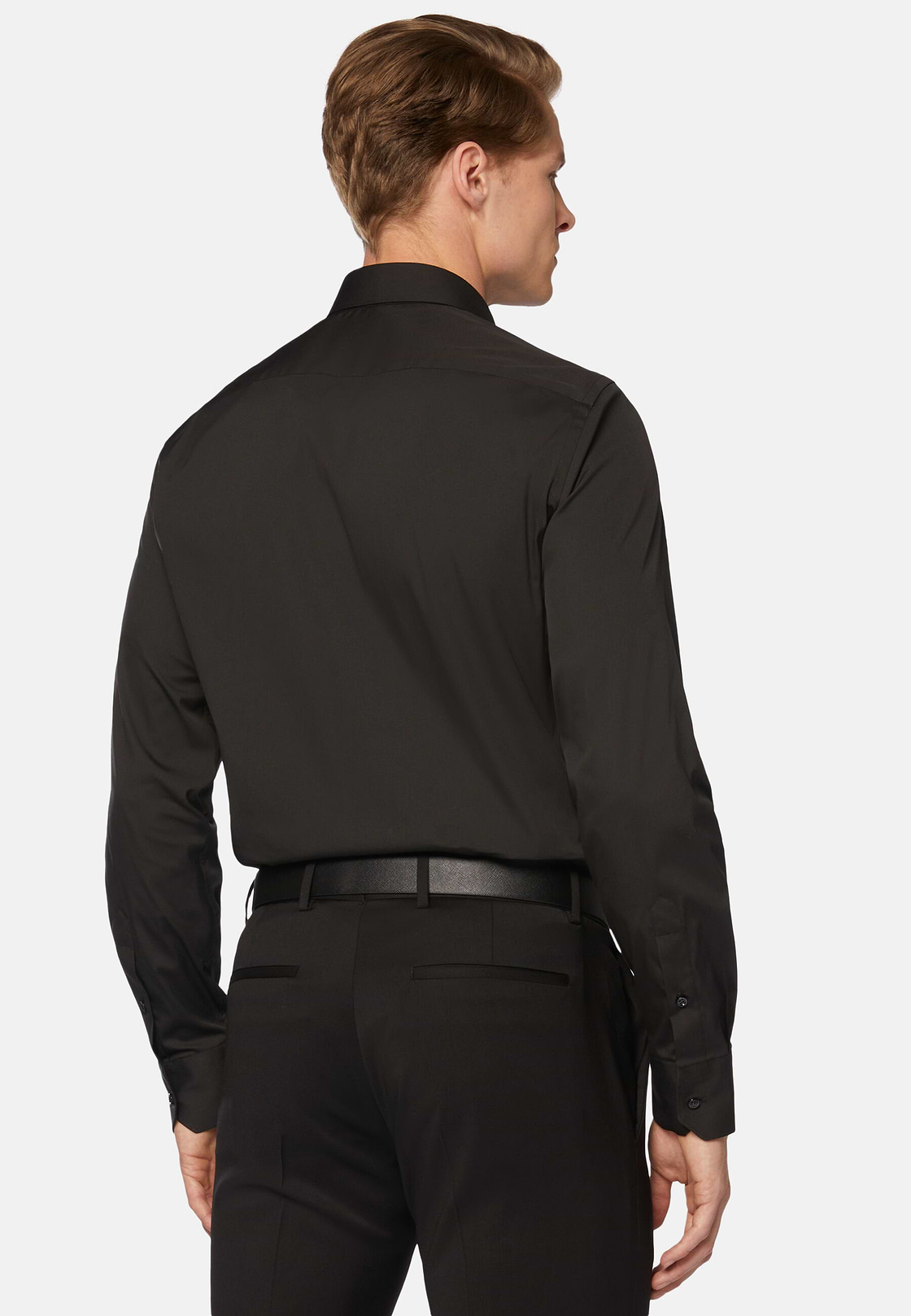 Slim Fit Black Shirt in Stretch Cotton, Black, hi-res