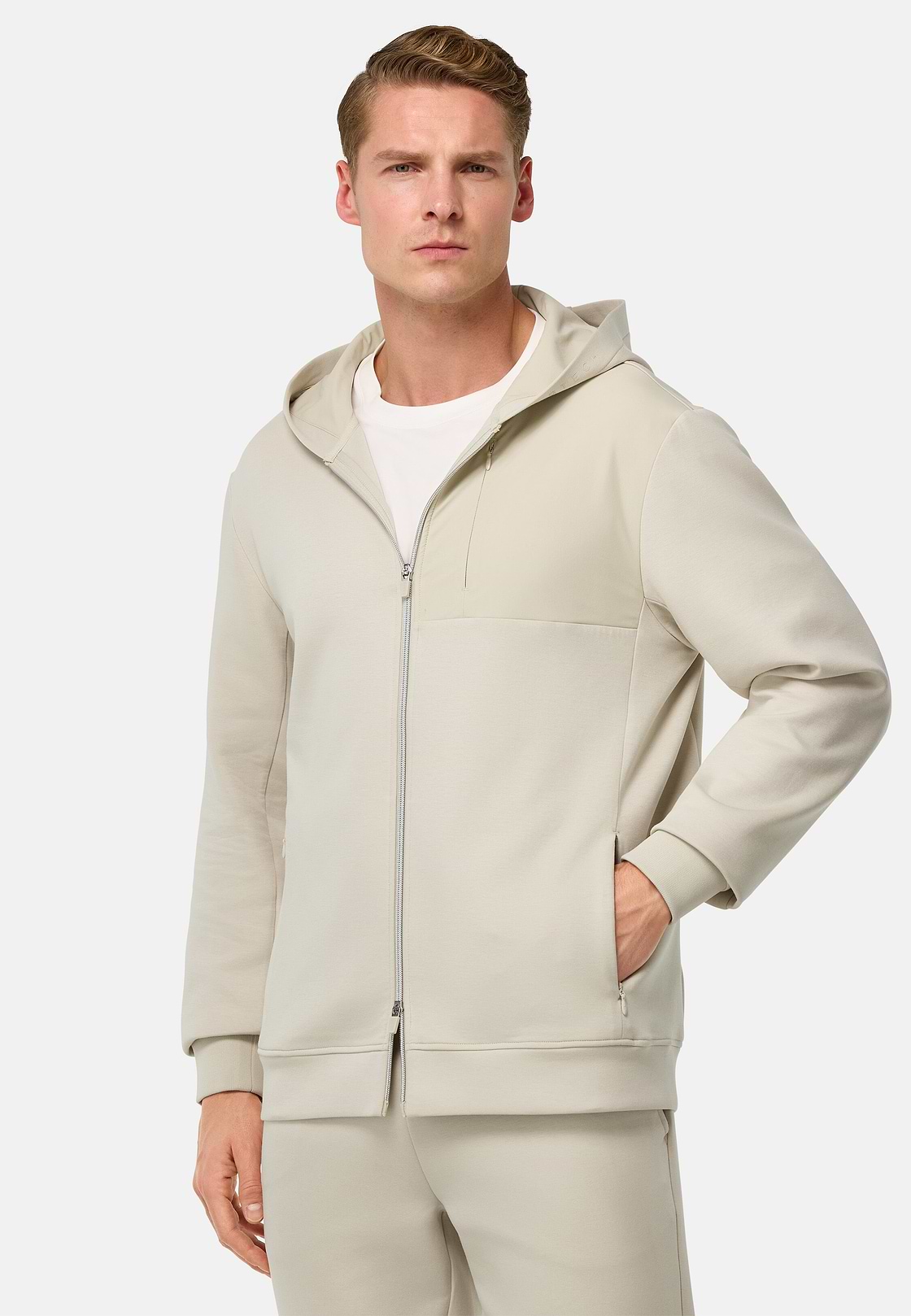 Sweat Full Zip À Capuche En Scuba De Coton Mélangé, Sable, hi-res