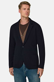 Knitted Jacket in Extrafine Merino Wool, Navy blue, thumb, 1
