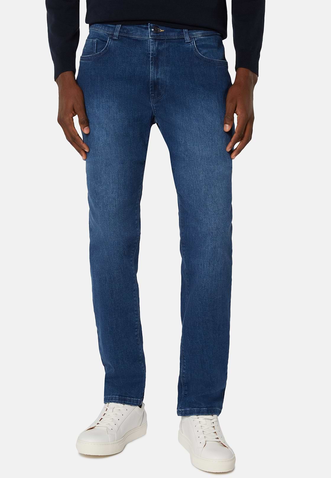 Jean En Denim Extensible Bleu À Délavage Moyen, Indigo, hi-res