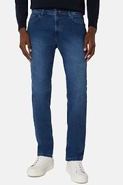 Jean En Denim Extensible Bleu À Délavage Moyen, Indigo, hi-res