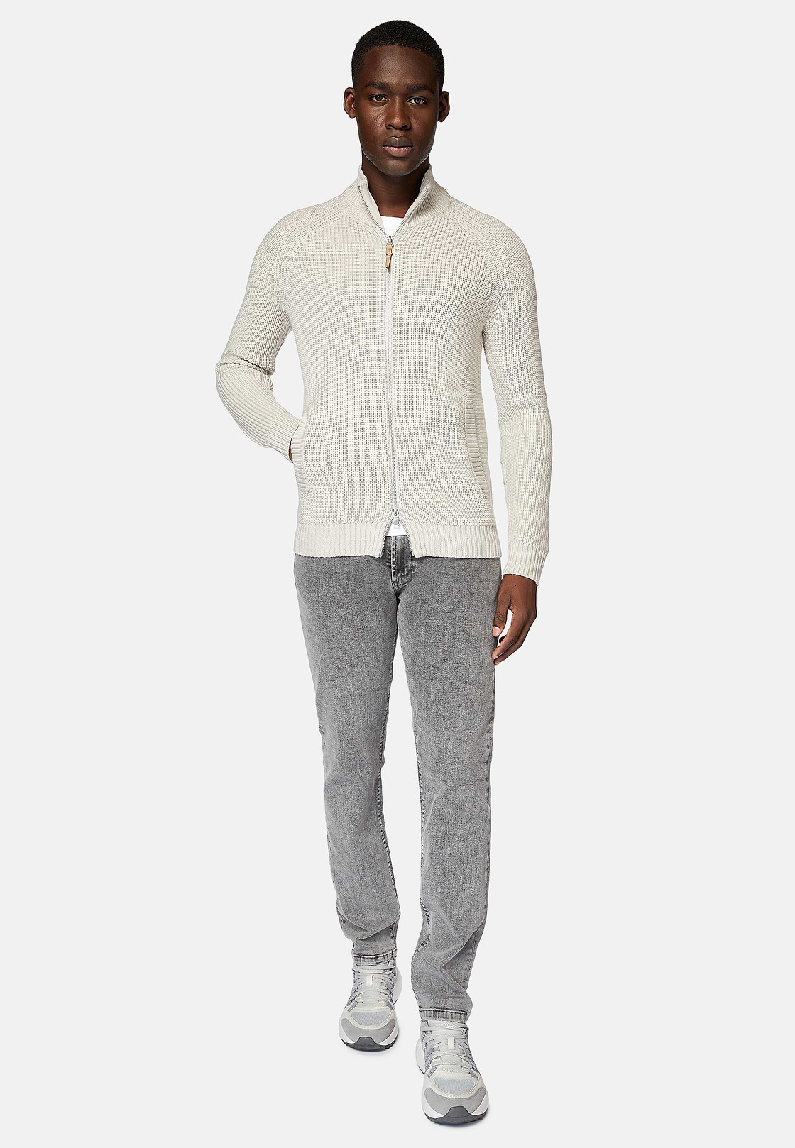 Sand Full-Zip Jumper in Merino Wool, Sand, hi-res