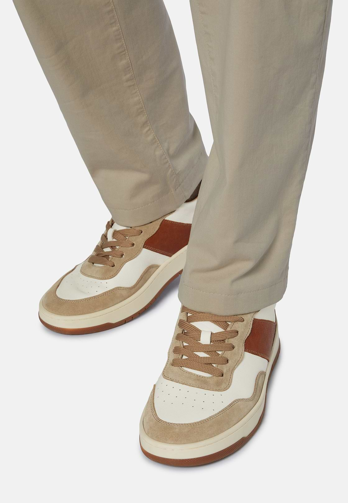 Beige and Brown Leather Trainers, Brown-Beige, hi-res