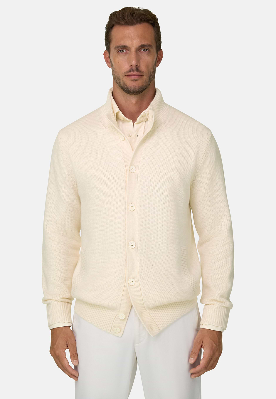 Cárdigan de Jersey con cuello Perkins en lana cashmere, BLANQUECINO, hi-res