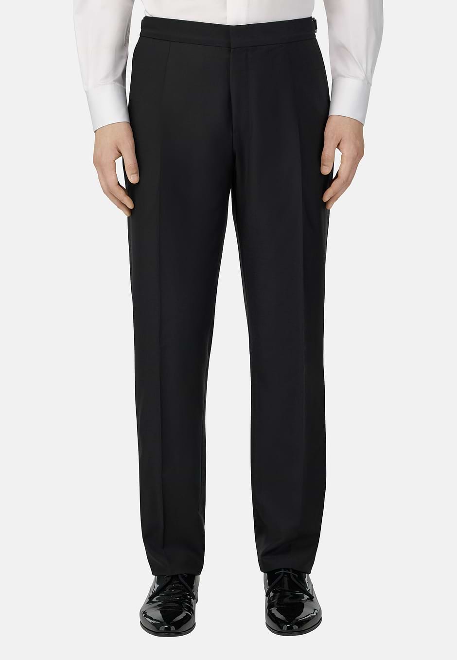Single-Pleat Dinner Suit Trousers in Stretch Wool, Black, hi-res