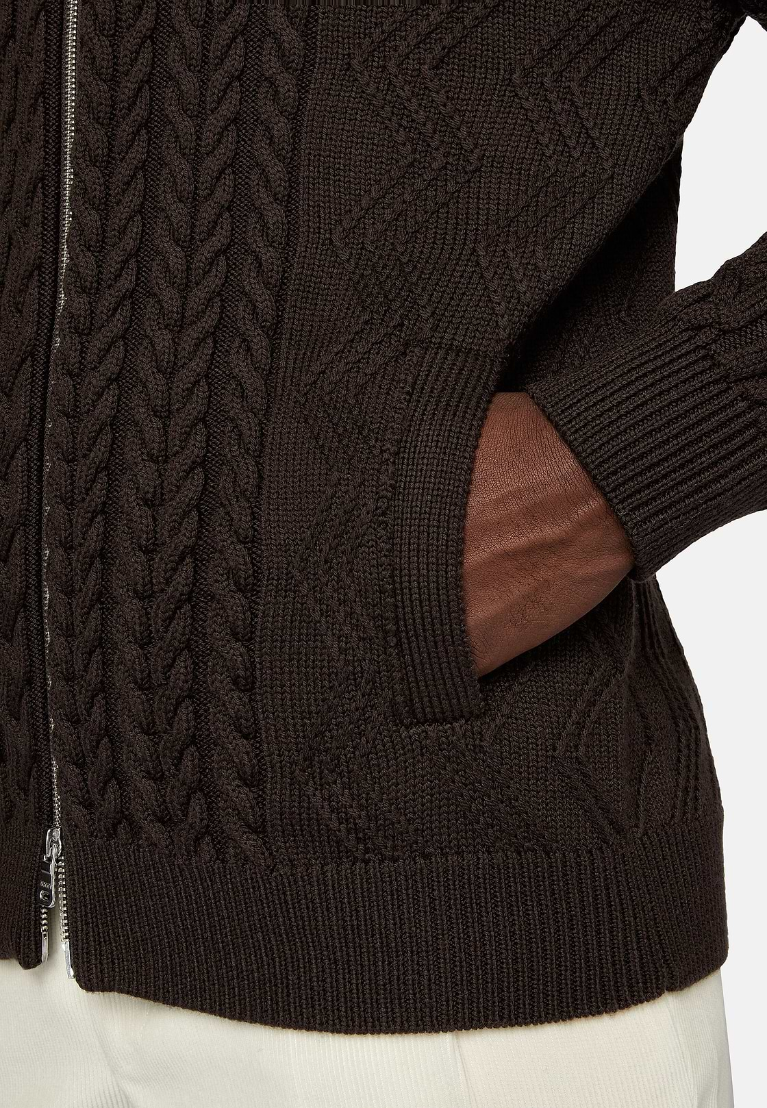 Pull Full Zip Marron Avec Mélange De Points En Laine Mérinos, Marron, hi-res