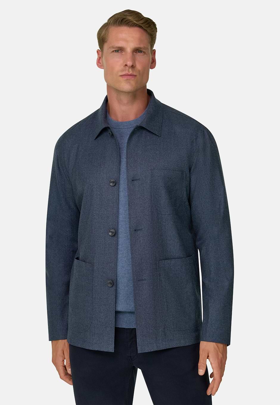 Veste Chemise en Flanelle de Laine Mélange, Indigo, hi-res