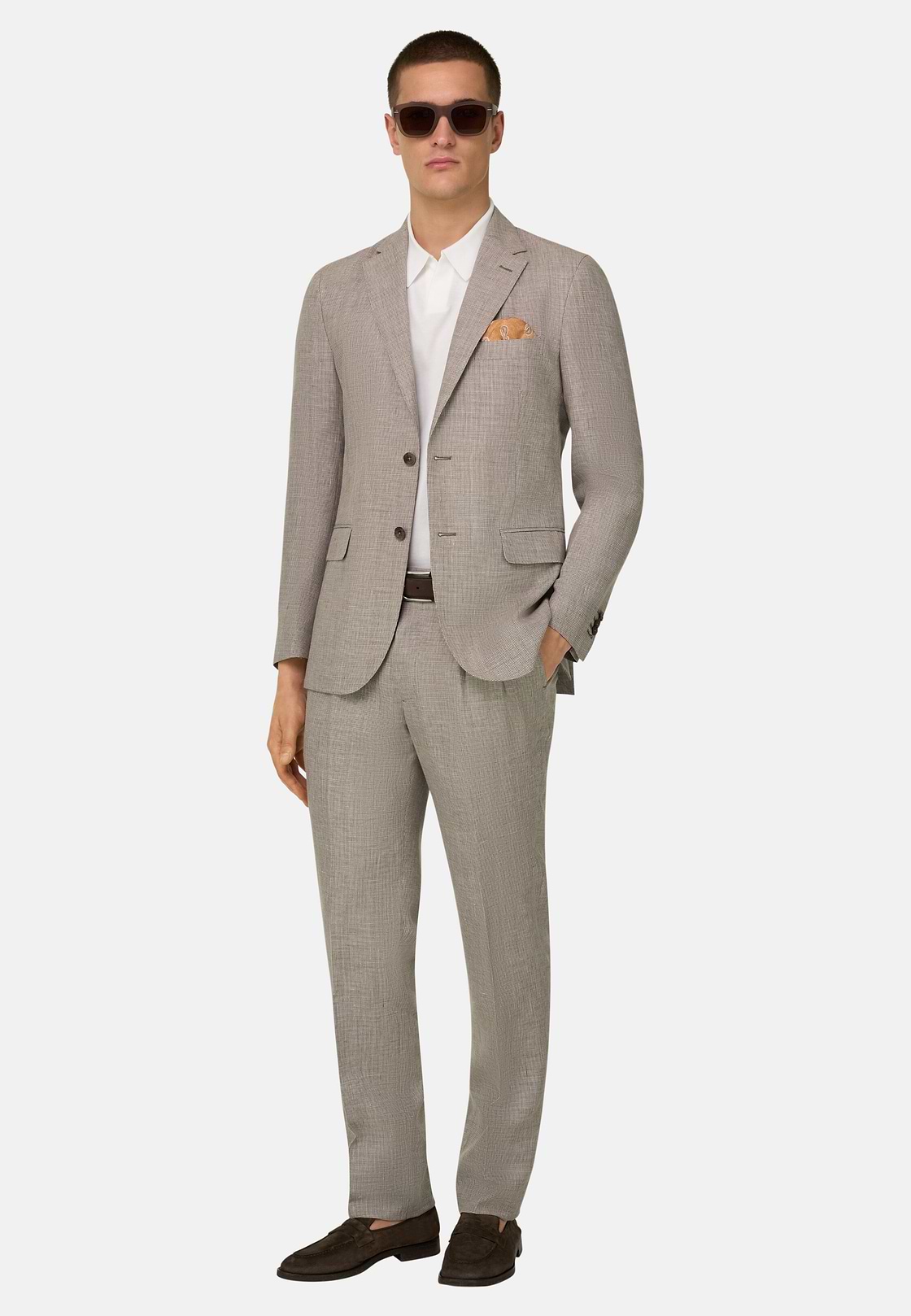 Micro Patterned Suit in Linen and Wool, Brown, hi-res, 2