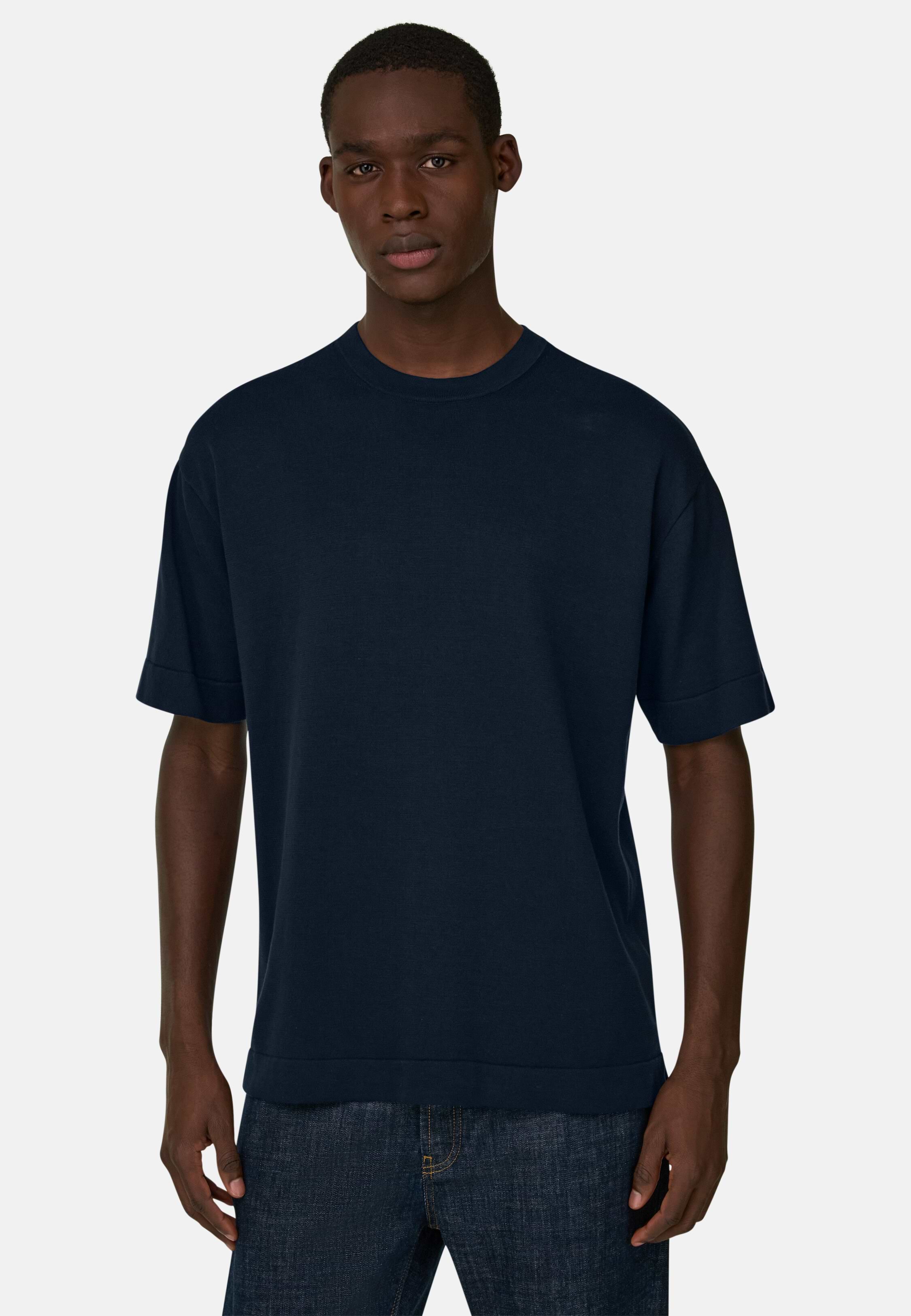 Men's Supima Cotton Knitted T-Shirt, Navy blue | Boggi Milano