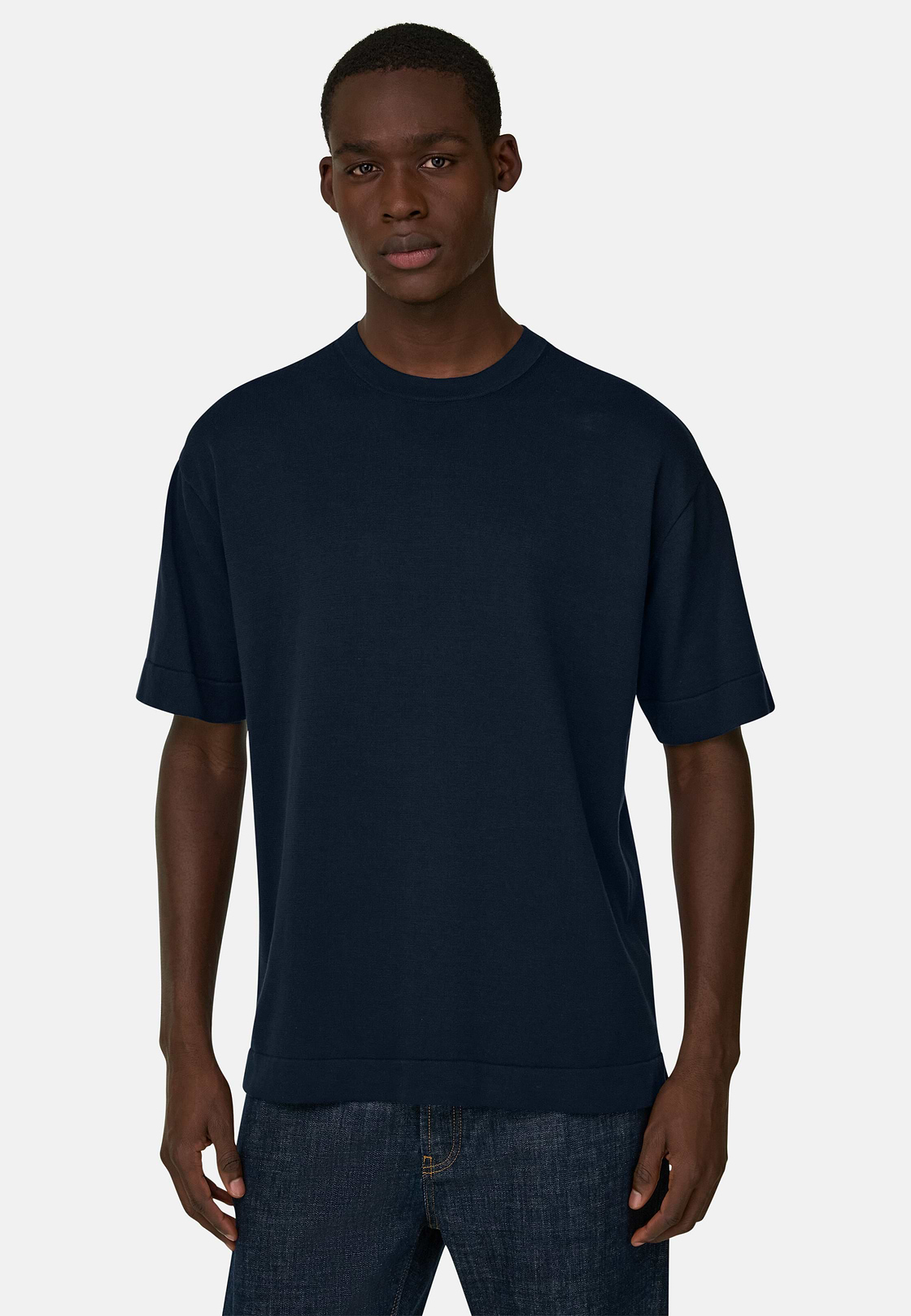 Dzianinowa koszulka z bawełny Pima, Navy blue, hi-res, 1