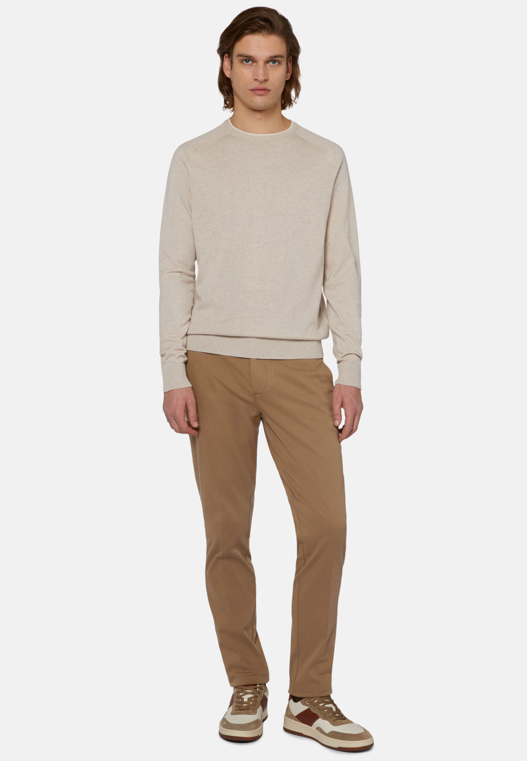 Sand Crew Neck Jumper in Cotton, Silk and Cashmere, Sand, hi-res