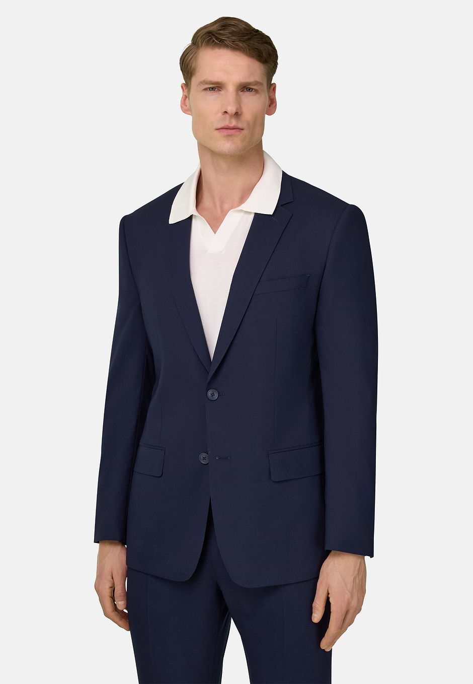 Fine Pinstripe Suit in Stretch Wool, Navy blue, hi-res