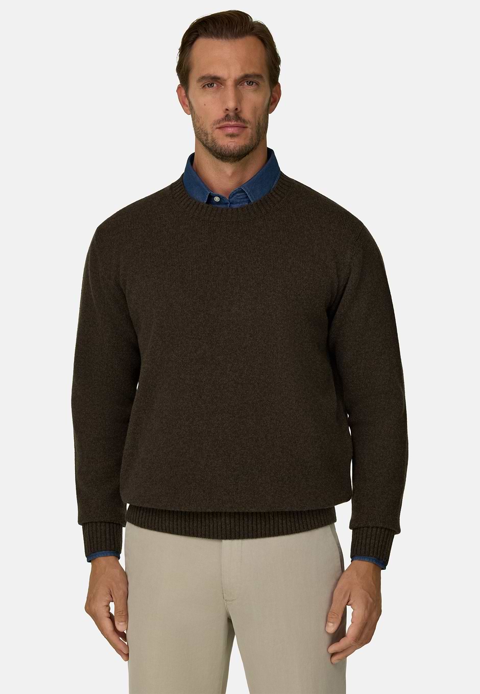 Jersey de cuello redondo en mezcla de lana, Marron oscuro, hi-res
