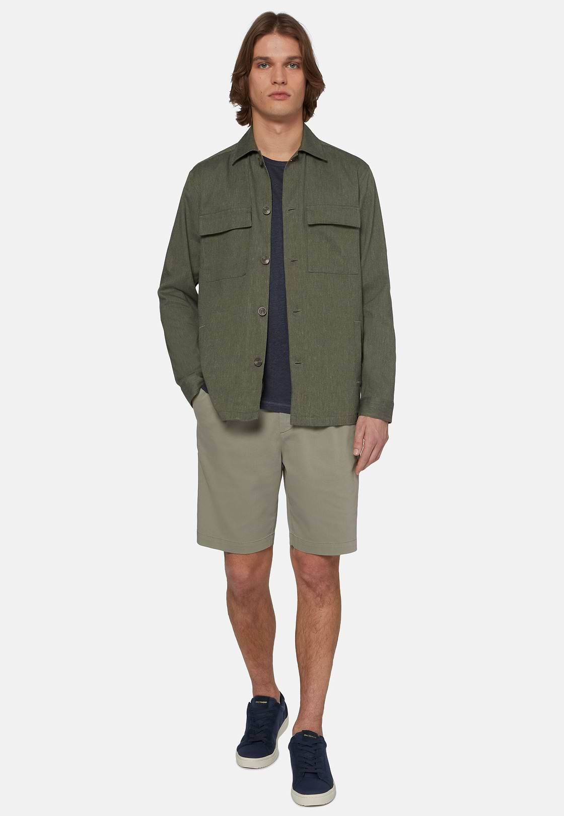 Cotton and Linen Link Shirt Jacket, Military Green, hi-res