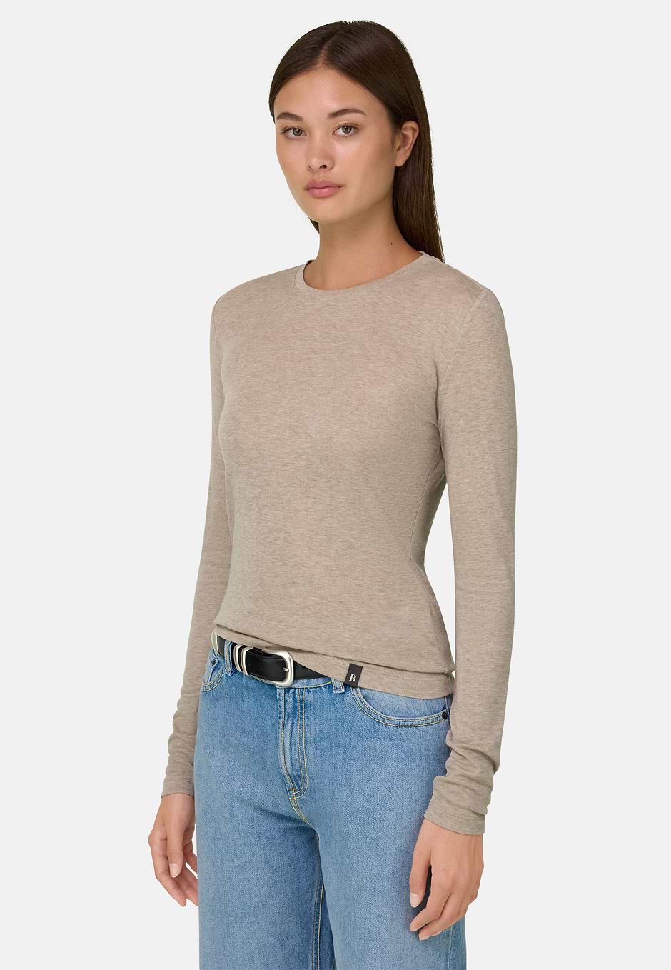 T-Shirt aus Mischgewebe mit Geripptem Muster, Beige, hi-res