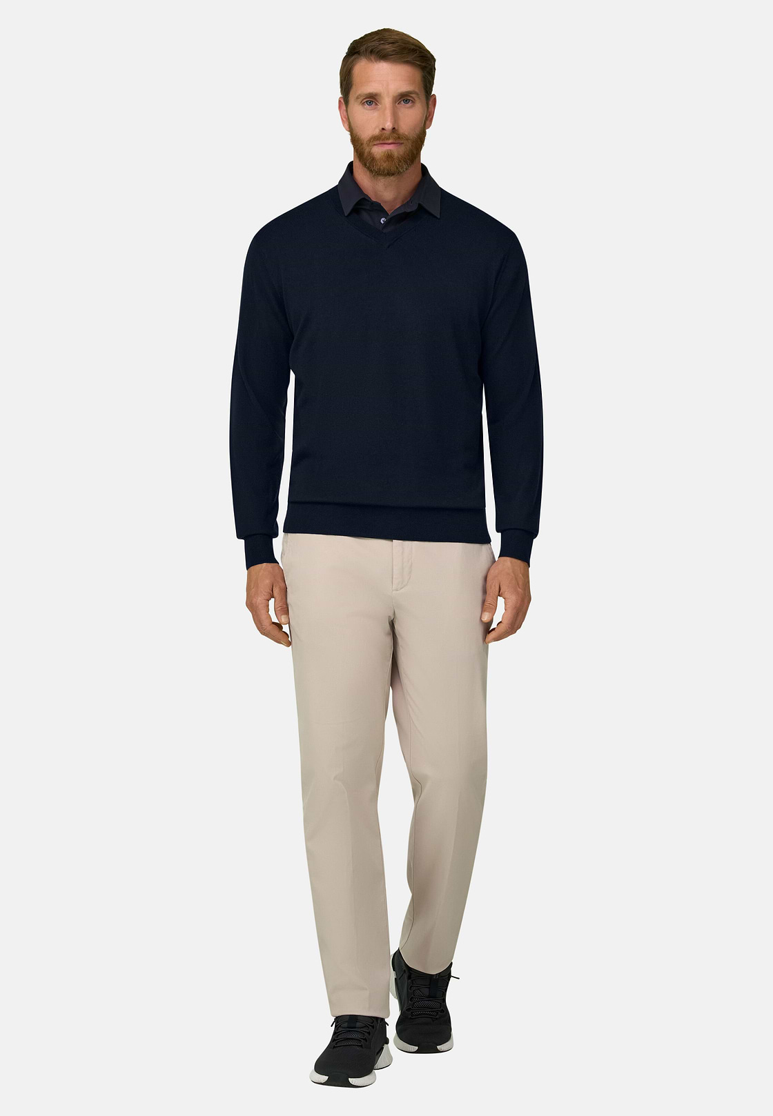 Pullover mit V-Ausschnitt aus extrafeiner Merinowolle, Navy blau, hi-res, 2