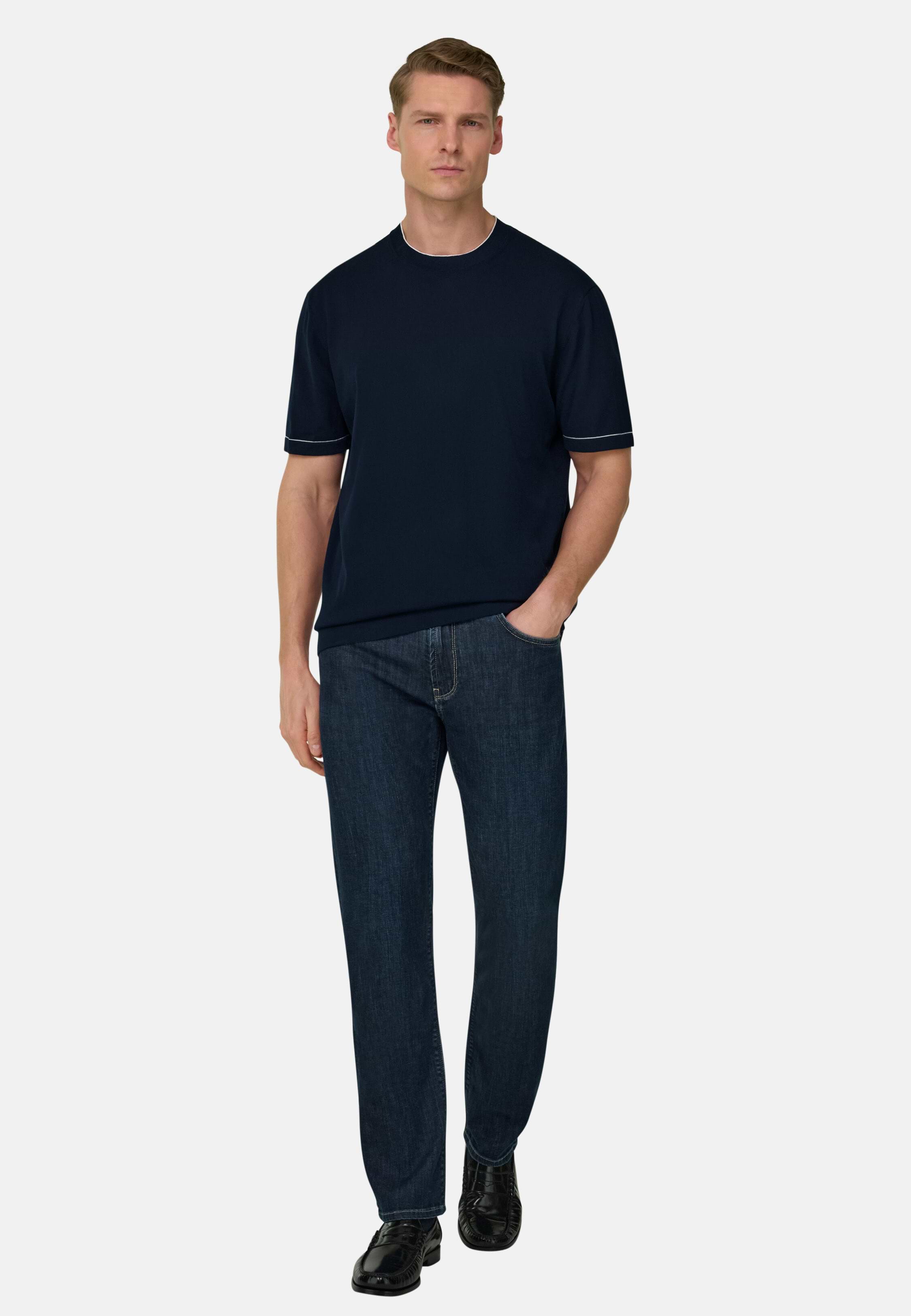 Men's Cotton Crêpe Knit T-Shirt, Navy blue | Boggi Milano