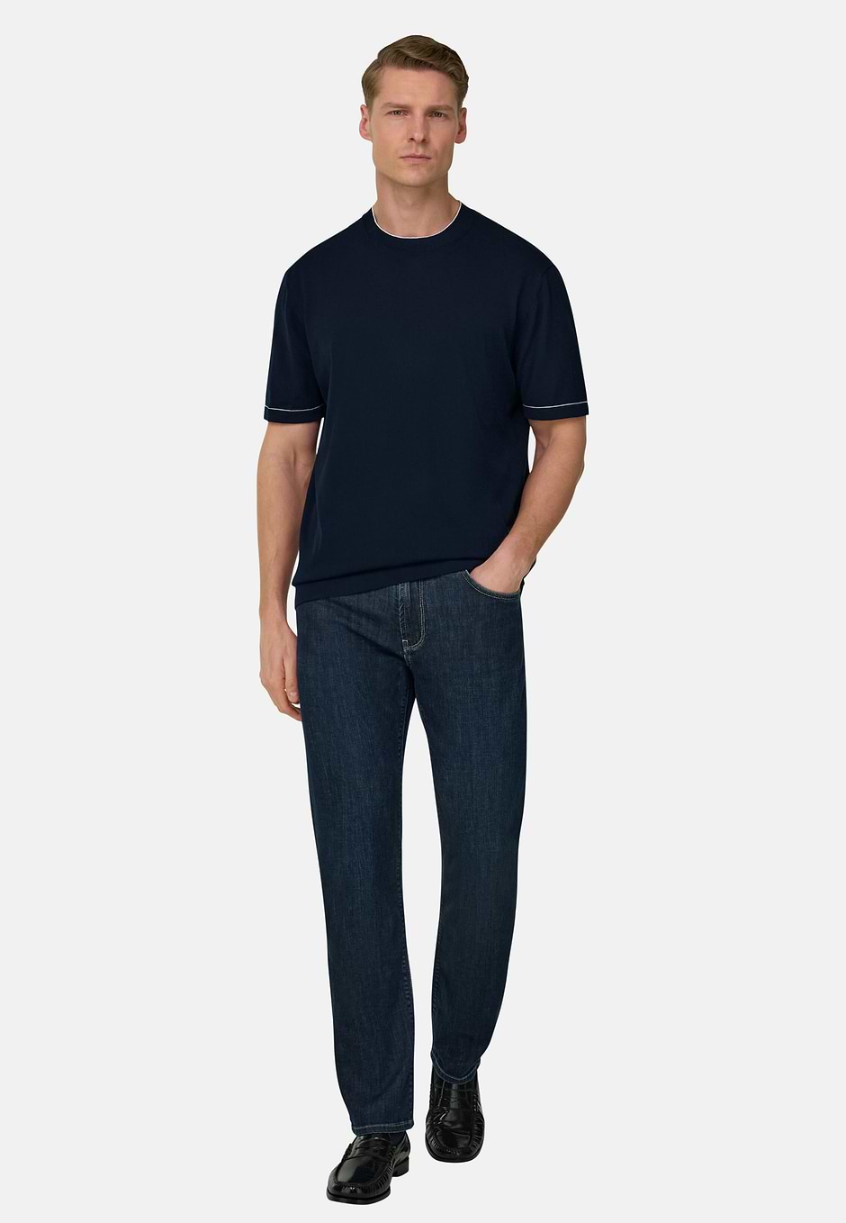 Strick-T-Shirt Aus Baumwollkrepp, Navy blau, hi-res