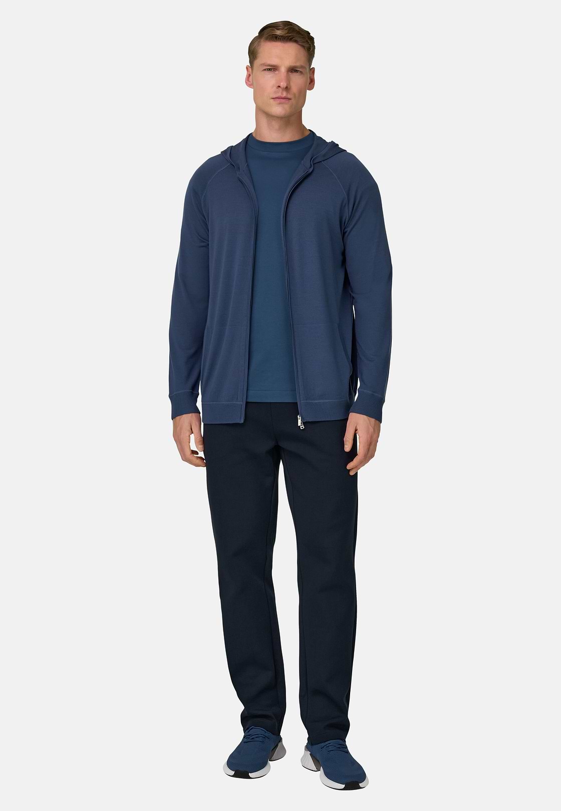 Dzianinowy sweter z kapturem z zamkiem błyskawicznym z bardzo cienkiej wełny, Air-blue, hi-res, 2