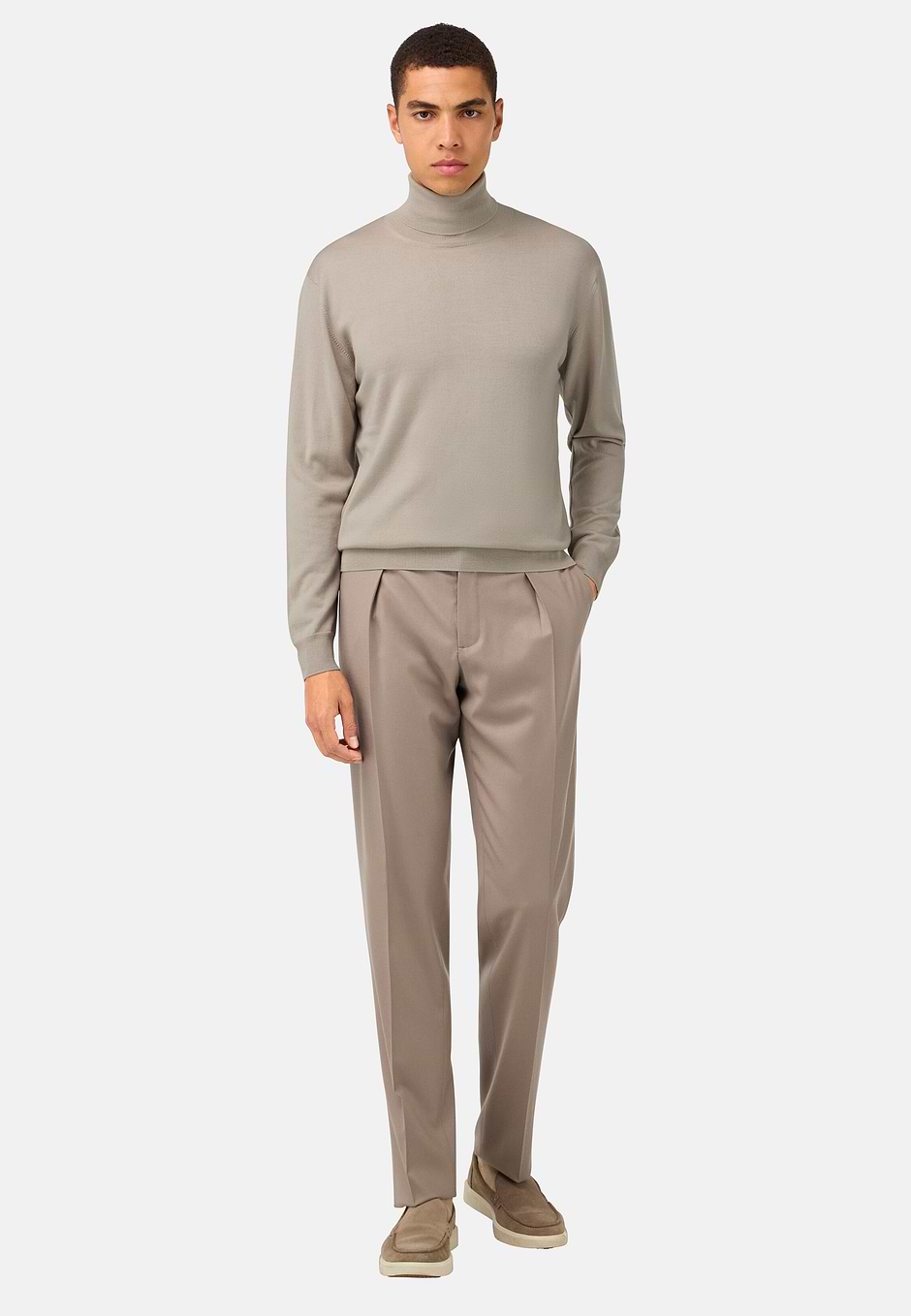 Merino Wool Polo Neck Jumper, Sand, hi-res
