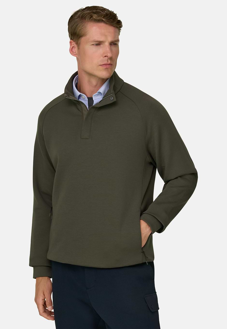 Sudadera con Media Cremallera en Mezcla de Algodón Scuba B Tech, Verde militar, hi-res