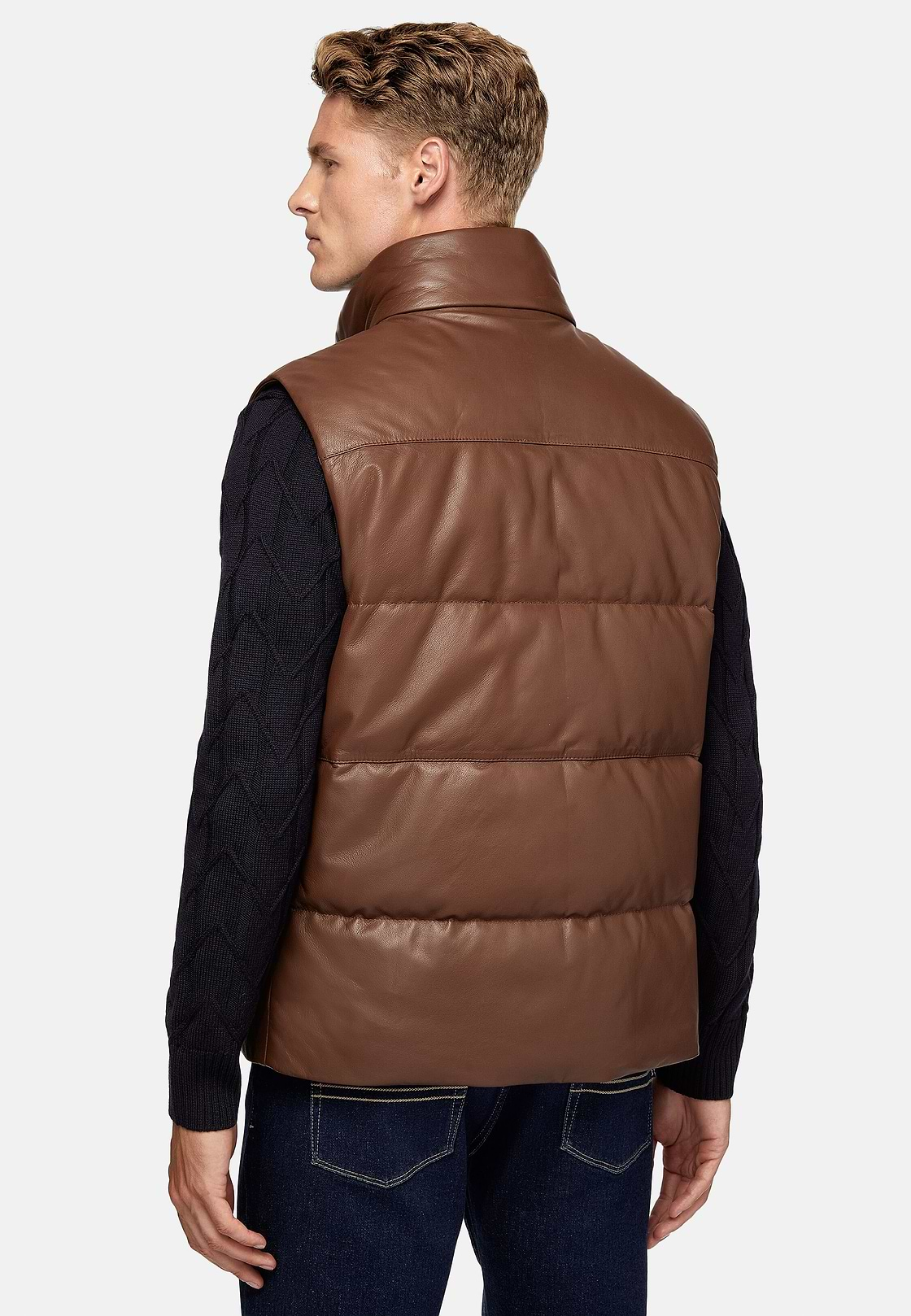 Genuine Leather Gilet With Down Padding, Brown, hi-res