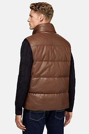 Genuine Leather Gilet With Down Padding, Brown, hi-res