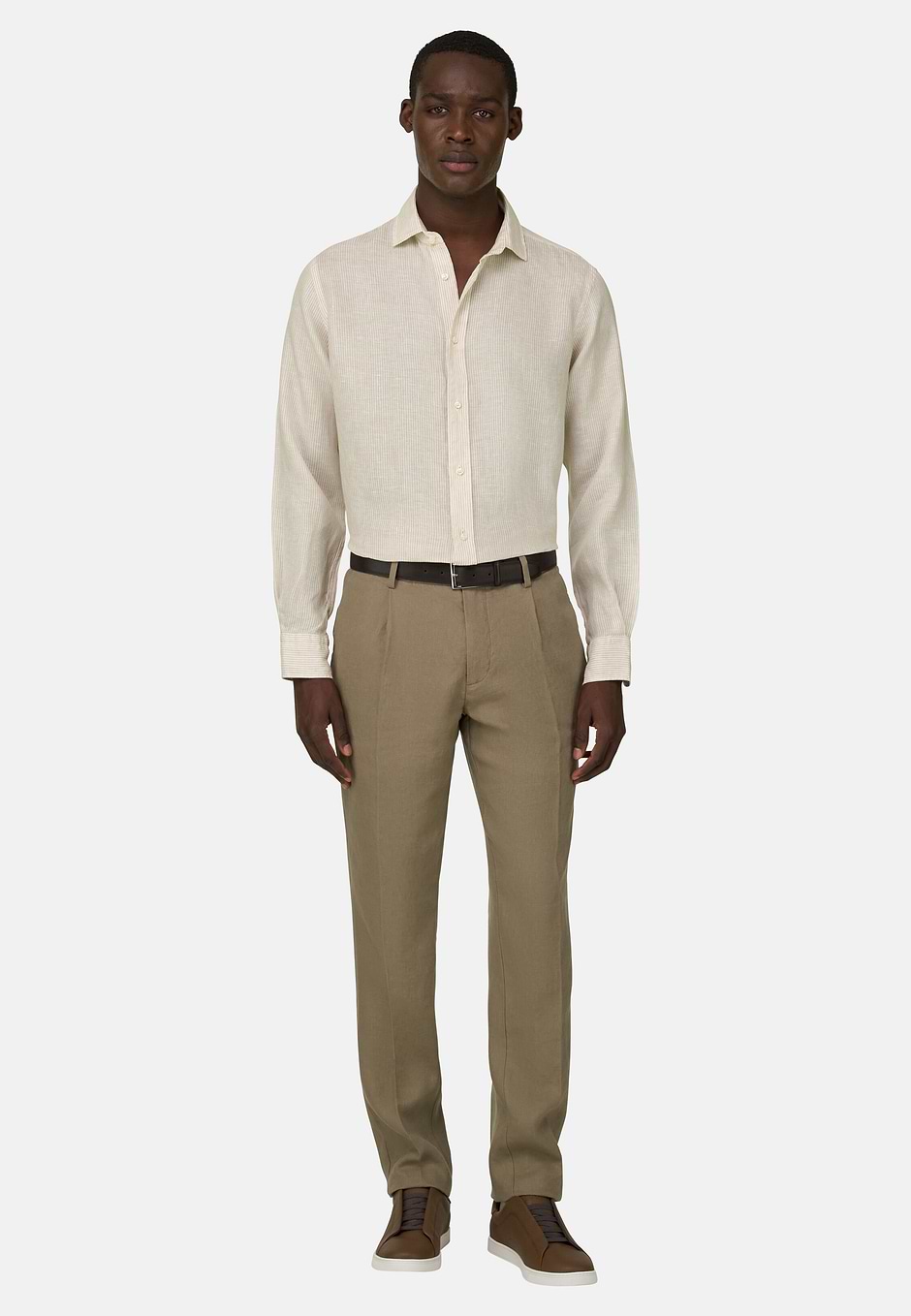 Striped Linen Closed Collar Shirt Regular Fit, Sand, hi-res