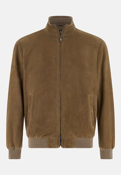 Bomber In Vera Pelle Scamosciato, Taupe, hi-res