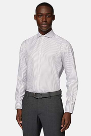 Camicia A Righe In Twill Di Cotone Slim Fit, Marrone, hi-res