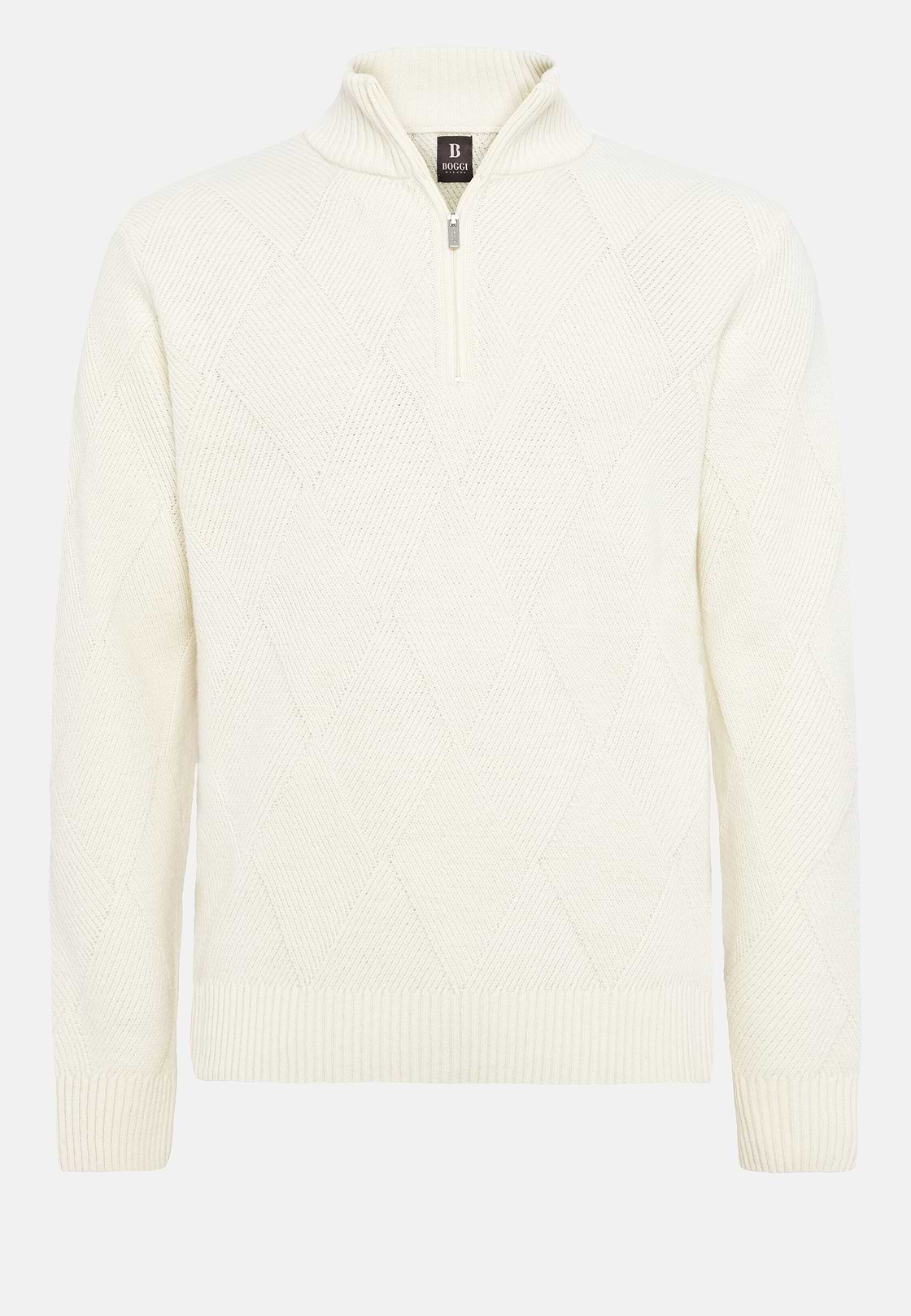 Pull Blanc Demi-Zip En Laine Nylon, Blanc, hi-res