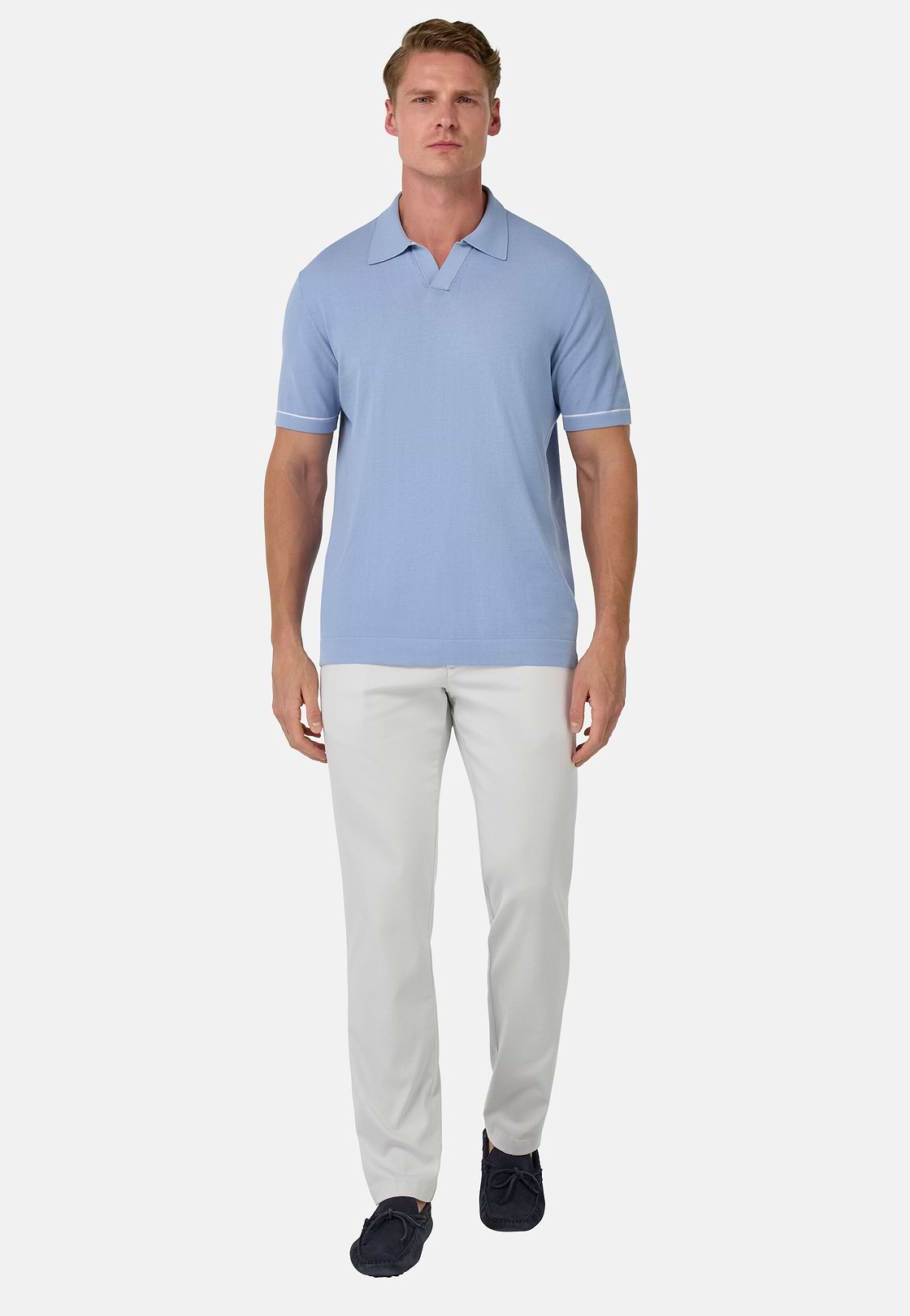 Cotton Crêpe Knit Polo Shirt, Light Blue, hi-res